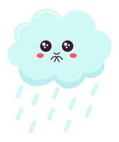 Sad cartoon cloud dripping rain on a clean white background, capturing the essence of rainy weather and expressing a playful take on a gloomy mood in a charming way vector