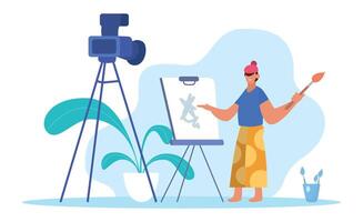 Young painter creating artwork and recording online course using camera on tripod, teaching art online, sharing skills and knowledge via internet, creative workshop, distance learning concept vector