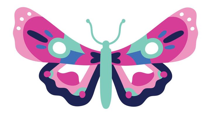 Butterfly with colorful wings featuring a modern, playful design, ideal for children's illustrations, textile patterns, and decorative projects