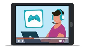 game streamer wearing a headset, engaging with followers while playing games on a tablet and broadcasting live online, creating entertaining content in the gaming community vector