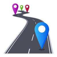 Winding road with colorful location pins marking the route and guiding towards a final destination, symbolizing navigation, journey planning, and achieving goals vector