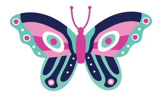 Butterfly with pink, turquoise and dark blue wings featuring circles and stripes, creating a whimsical and eye catching design perfect for children's illustrations or nature inspired projects vector