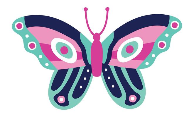 Butterfly with pink, turquoise and dark blue wings featuring circles and stripes, creating a whimsical and eye catching design perfect for children's illustrations or nature inspired projects