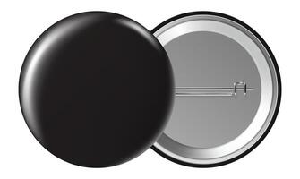 Blank black badge displaying both front and back sides with a pin, isolated against a white background, perfect for incorporating logos or text designs vector