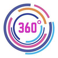 Colorful circular lines encircling the number 360 with a degree symbol, illustrating concepts of full rotation, angles, and virtual reality in a modern, abstract design vector