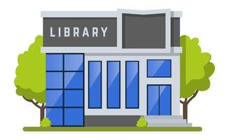 Modern library building with blue windows and trees, embodying the importance of knowledge, learning, and community resources in a vibrant urban setting vector