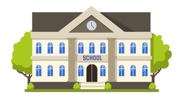 Large school building featuring a clock and trees, representing back to school with modern urban architecture in a college or university campus, illustration in flat style vector