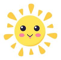 Cartoon representation of sun with big eyes and pink cheeks, sticking its tongue out in a playful and cheerful way, isolated on white background vector