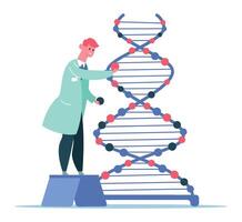 Scientist standing on a small platform building a large DNA model, adding nitrogenous bases, genetic engineering and gene manipulation concept vector