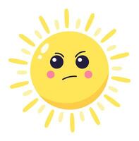 Cartoon sun character displaying anger with furrowed brows and a stern gaze, expressing negative emotions linked to heat and intense summer sunlight vector