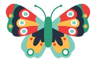 Cartoon style drawing of a butterfly with multicolored symmetrical wings, featuring red, green, yellow, black, and white, with small circles and dots, conveying a sense of joy and nature's beauty vector
