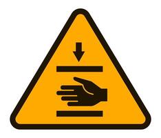 Yellow triangular warning sign featuring a hand, two horizontal black bars, and a downward pointing arrow, symbolizing a potential crushing hazard in industrial settings vector