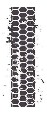 Dark tire track with a hexagonal pattern is imprinted on a white background, leaving a grunge, textured mark, suggesting movement and rugged terrain