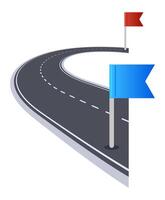 Winding road leading to different destinations marked with red and blue flags, symbolizing choices, strategy, and planning in achieving goals vector