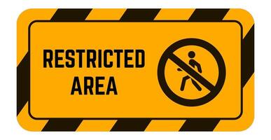 Horizontal rectangular sign indicating a restricted area, featuring bold black text on an orange field with black and yellow diagonal stripes and a black no walking symbol vector