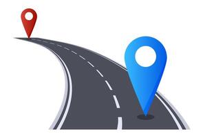 Winding road is connecting a red and a blue gps map pin, indicating the start and finish locations of a journey, symbolizing navigation, travel and route planning vector