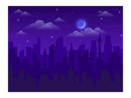 Futuristic cityscape silhouette with skyscrapers, mosques and modern buildings under cloudy night sky with shining crescent moon and stars, creating a magical and tranquil urban scene vector