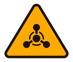 Yellow triangular warning sign featuring a stylized molecular structure, indicating the presence of hazardous chemical substances requiring caution and safety measures vector