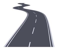 Long and winding road disappearing into the distance with white stripes and shoulders on a white background, representing concepts such as journey, travel, and transportation vector