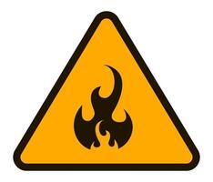 Triangular warning sign featuring black flame symbol on yellow background indicating flammable material and potential fire hazard, emphasizing workplace safety and prevention measures vector