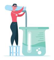Laboratory technician pouring liquid from a test tube into a large beaker, conducting detailed experiments and research in a dynamic scientific environment focused on discovery vector