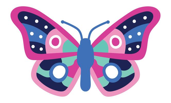 Colorful butterfly with pink, blue, and green patterns on its wings creates a visually appealing design, suitable for various creative projects