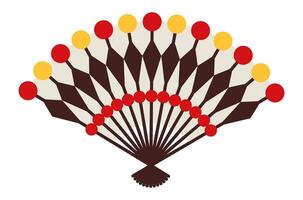 Handheld fan adorned with vibrant beads and intricate geometric patterns, highlighting cultural heritage while celebrating skilled craftsmanship and artistic expression vector