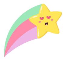Cheerful yellow shooting star with heart shaped eyes and a smiling mouth leaves a colorful rainbow trail, creating a delightful and whimsical scene of celestial love and joy vector