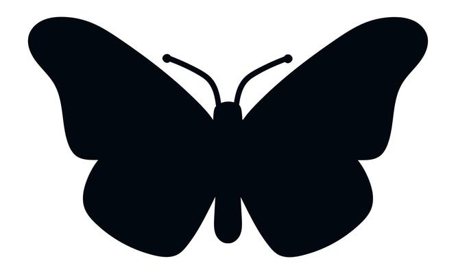 Simple black butterfly silhouette with spread wings and antennas showing, isolated on white background, representing concepts like nature, beauty, and transformation
