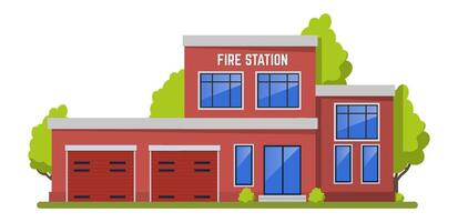 Modern fire station building with two garage doors for emergency vehicles parking, large windows, and trees surrounding it, providing essential services to the community vector