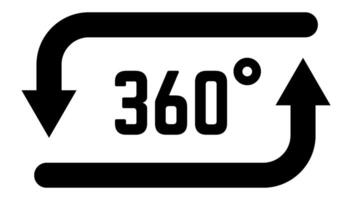 Two black arrows rotating 360 degrees with the number 360 in the center, representing virtual reality, augmented reality, and immersive experiences vector