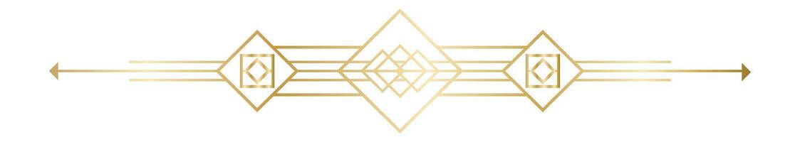 Horizontal golden art deco ornament pointing to the left and right, with geometric shapes such as rhombus, squares and lines, ideal for elegant and luxurious projects vector