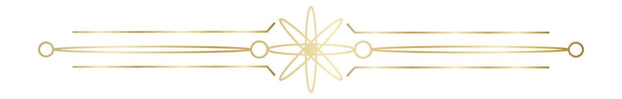 Golden geometric divider with lines, circles and star shape creating an elegant design, ideal for invitations, diplomas, certificates and other graphic design projects vector