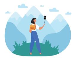 Female hiker using a selfie stick to take a photo of herself with a beautiful mountain landscape in the background, enjoying nature and capturing memories during her outdoor adventure vector