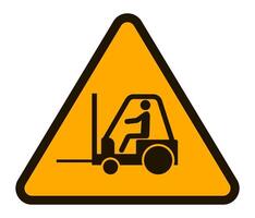 Forklift truck traffic warning sign featuring a forklift and driver within a yellow triangle bordered in black, indicating caution and hazards in industrial settings vector
