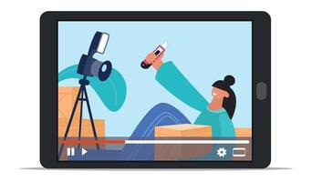 blogger is recording an unpacking blog while sitting on the floor and holding a cutter, surrounded by cardboard boxes, with a camera on a tripod next to her vector