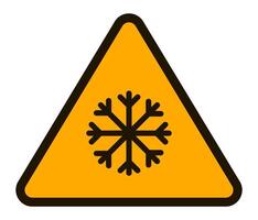 Flat illustration of a yellow triangular warning sign for low temperatures, featuring a black snowflake symbol on a white background, perfect for safety communication vector