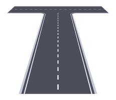 Straight asphalt road splitting into two different directions forming a three way intersection with white dashed lines marking the lanes on a white background vector