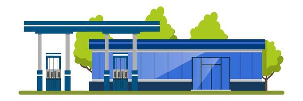Modern gas station with canopy and convenience store located on a highway with trees surrounding it, offering fuel and other services to passing motorists vector