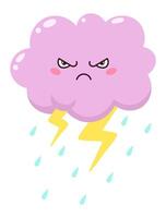 Cartoonish, angry pink cloud raining heavily while throwing bolts of lightning, creating a dynamic and stormy atmosphere filled with energy and emotion vector