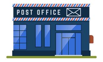 Post office building with classic facade and mailbox showing sending and receiving mail and parcels with blue windows and door, isolated illustration vector