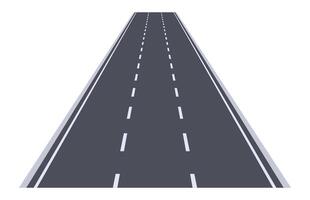 Straight asphalt road stretching into the horizon against a white background, featuring perspective lines and white dashed markings that divide the lanes, symbolizing endless journeys vector