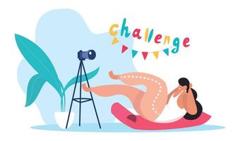 Fitness influencer recording crunches on a yoga mat in front of a camera on a tripod, featuring challenge lettering and party flags for a social media fitness challenge vector