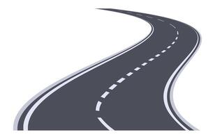 Winding highway disappearing into the distance with dashed white lines marking the lanes on a white background, representing concepts of journey, travel, and transportation vector