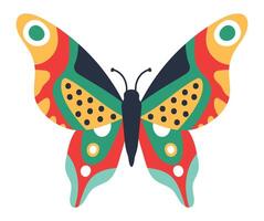 Colorful butterfly with open wings showing a striking and symmetrical design with red, yellow, green, black and light blue colors on a white background vector