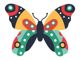 Brightly colored butterfly with open wings showcases a striking design of geometric shapes and patterns, blending nature's beauty with artistic flair vector