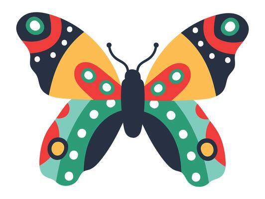 Brightly colored butterfly with open wings showcases a striking design of geometric shapes and patterns, blending nature's beauty with artistic flair