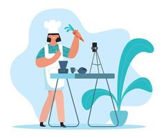 Woman chef vlogger holding carrot and showing thumb up while recording blog about healthy vegetarian food, creating content for her channel vector