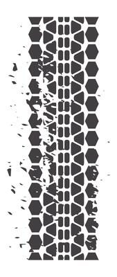 Vertical grunge tire track featuring a hexagonal tread pattern leaves a striking trail on a white background, creating a dynamic, distressed effect that captures movement and adventure