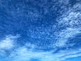 A stunning view of the sky filled with soft, scattered clouds forming intricate patterns across a vivid blue background, evoking peace and wonder. photo
